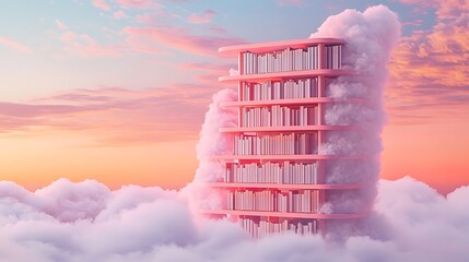 Pink Bookshelves Forming Spiral Towers in Pastel Sunset Clouds