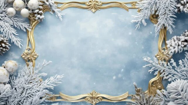 Elegant Gold Frame with Winter Decor - A luxurious gold frame is adorned with snow-covered pine branches, pine cones, and elegant white ornaments against a soft blue background.
