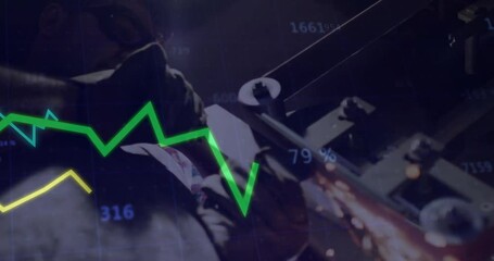 Fabricator positioning goggles and gloves grinding metal rail while animated data graphs appearing - Powered by Adobe