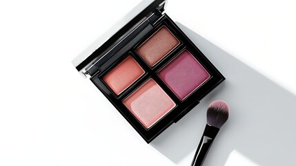 Open Eyeshadow Palette with Swipe Brush and Mirror on White Background.