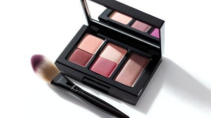 Open Eyeshadow Palette with Swipe Brush and Mirror on White Background.