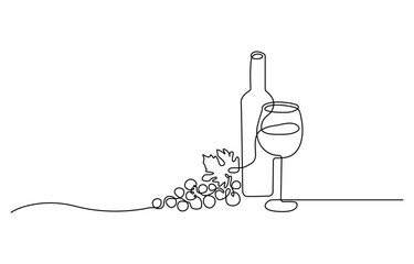 Bottle of wine with wineglass and grape bunch in continuous line art drawing style. Minimalist black linear sketch isolated on white background. Vector illustration