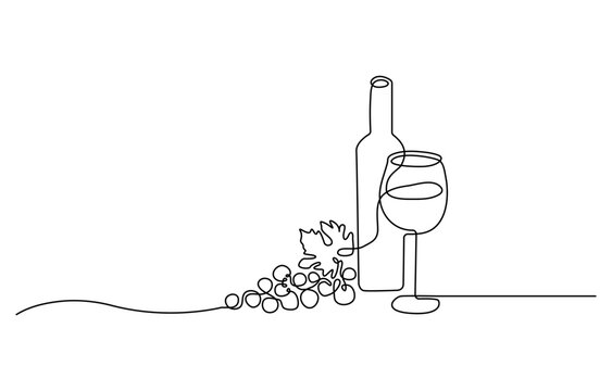 Bottle of wine with wineglass and grape bunch in continuous line art drawing style. Minimalist black linear sketch isolated on white background. Vector illustration