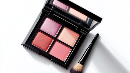 Open Eyeshadow Palette with Swipe Brush and Mirror on White Background.