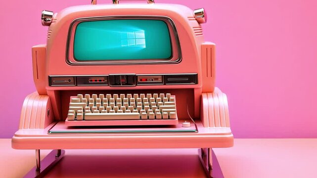 Retro pink computer with vintage keyboard on vibrant pink backdrop showcasing nostalgic technology design
