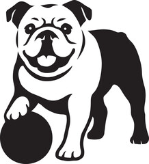 Bulldog with ball black and white silhouette, Playful puppy sketch for pet lovers