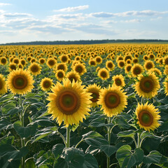 Fototapeta premium Many blooming field of sunflowers in summer