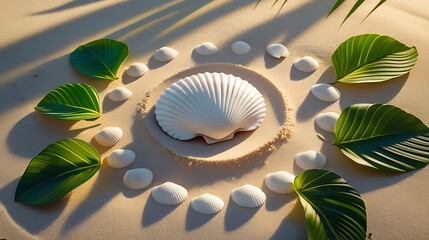 Obraz premium Coastal Serenity: A serene composition of a pristine seashell, encircled by pebbles and verdant leaves, gracefully arranged on the textured expanse of sun-kissed sand.