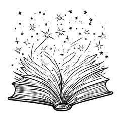 Magical Open Book Illustration – Hand Drawn Vector with Stars and Sparkles