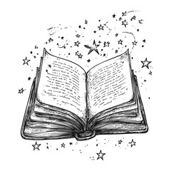 Magical Open Book Illustration &ndash; Hand Drawn Vector with Stars and Sparkles