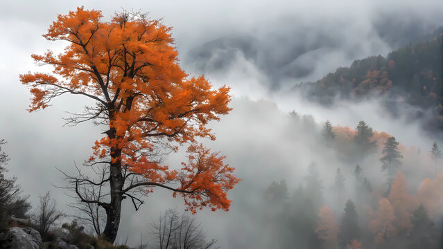 Autumn tree in fog landscape scenic view misty forest fall season nature photography background image stock photo