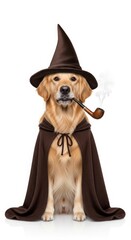 A whimsical wizard golden retriever wearing a starry hat and smoking a pipe, perfect for fantasy, storybook, or magical-themed designs
