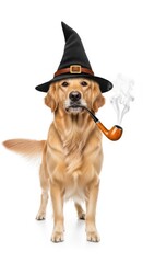A whimsical wizard golden retriever wearing a starry hat and smoking a pipe, perfect for fantasy, storybook, or magical-themed designs
