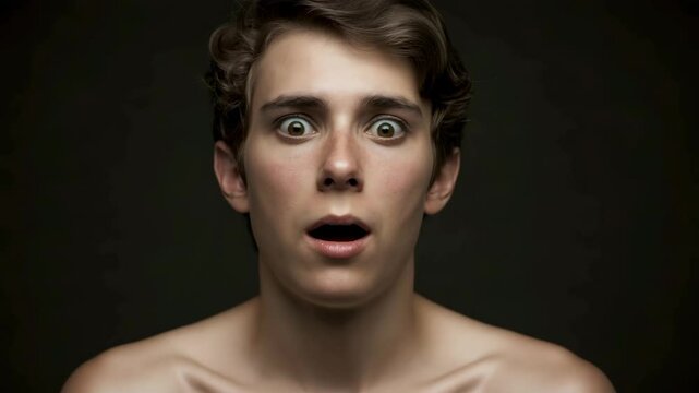 Young man experiencing surprise and awe with expressions of shock and curiosity
