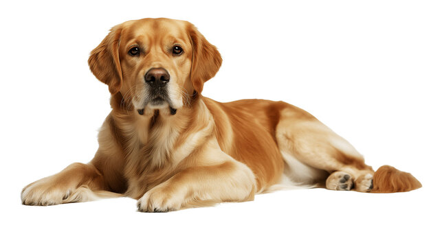 Beautiful Golden Retriever laying down, isolated on white or transparent background - Powered by Adobe