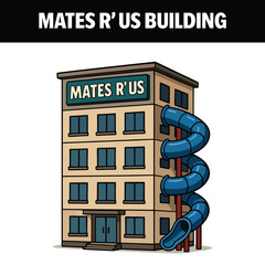 Naklejka premium Cartoon Mates R’ Us Building – Fun Office with Exterior Tube Slide Illustration