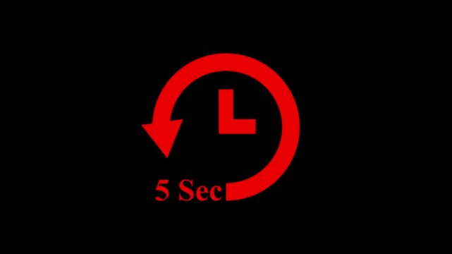 countdown clock animation showing 5 seconds left,digital 5 second timer animation with clock icon on black background,futuristic 5 second digital countdown on black.
