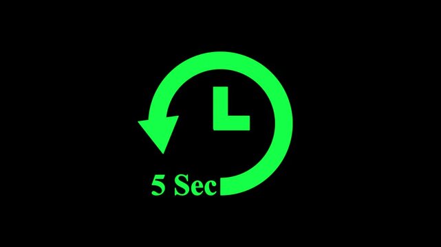 countdown clock animation showing 5 seconds left,futuristic 5 second digital countdown on black,digital 5 second timer animation with clock icon on black background,