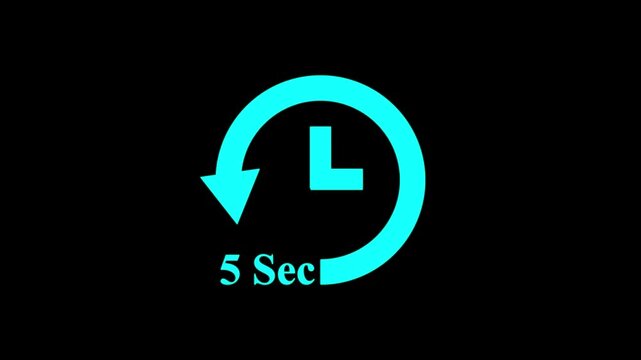countdown clock animation showing 5 seconds left,digital 5 second timer animation with clock icon on black background,