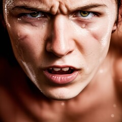 Focus on sweaty but determined face during challenging set of exercises