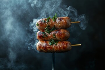 Grilled sausages with smoke and fresh herbs on skewer