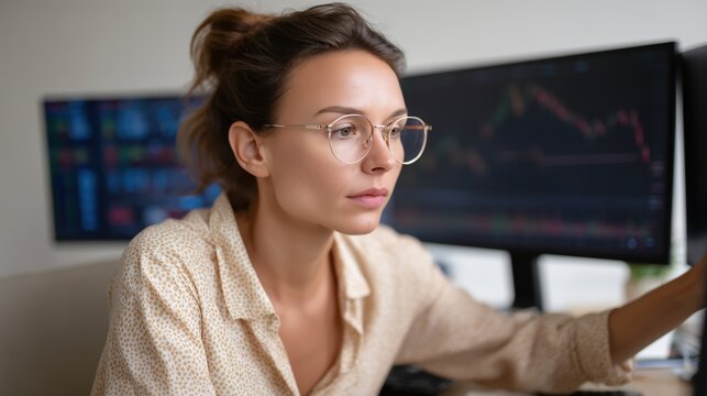A focused woman is trading stocks on her computer. She is wearing eyeglasses and a casual shirt, and has her hair up.