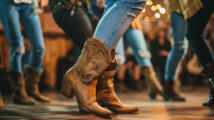 Golden Hour Country Boots:  Women Brown Leather Cowboy Boots at Sunset Dance. Contra Line Dancing Boots silhouette. Country Western Dancing Couple at Sunset. Country bar dancing low angle shot 