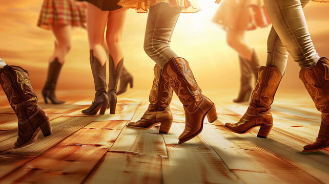 Golden Hour Country Boots: Women Brown Leather Cowboy Boots at Sunset Dance. Contra Line Dancing Boots silhouette. Country Western Dancing Couple at Sunset. Country bar dancing low angle shot - Powered by Adobe