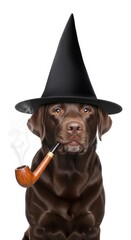 A whimsical wizard labrador retriever wearing a starry hat and smoking a pipe, perfect for fantasy, storybook, or magical-themed designs
