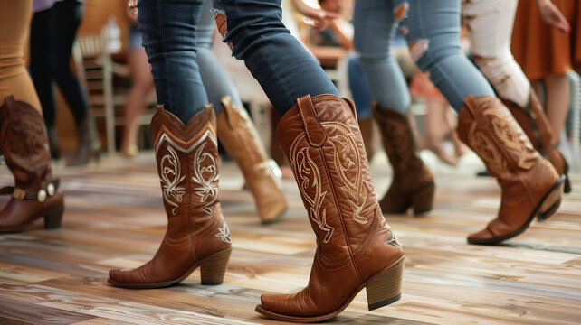 Golden Hour Country Boots:  Women Brown Leather Cowboy Boots at Sunset Dance. Contra Line Dancing Boots silhouette. Country Western Dancing Couple at Sunset. Country bar dancing low angle shot 