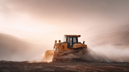 Dramatic shot of a bulldozer pushing dirt in a construction site at sunset. Powerful imagery conveying progress, industry, and infrastructure development. Great for business or conceptual projects.