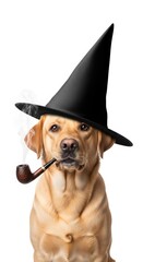 A whimsical wizard labrador retriever wearing a starry hat and smoking a pipe, perfect for fantasy, storybook, or magical-themed designs