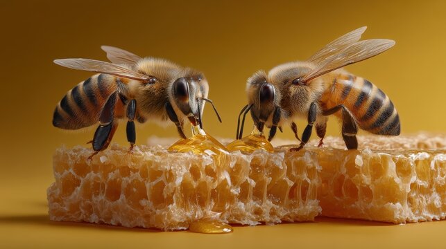 Two honeybees on golden honeycomb nature closeup