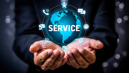 Global Businessman Presenting Futuristic Digital Service Network:  Secure, Reliable, and Innovative Worldwide Support.