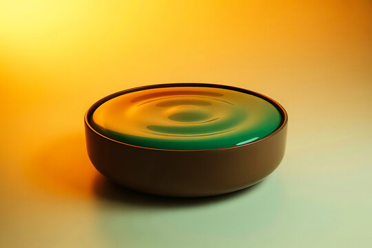 Abstract swirling green liquid surface in a brown bowl with warm lighting