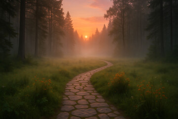 Obraz premium Curved stone path through misty forest at sunset