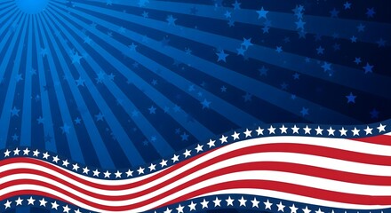 Patriotic blue background with radiant sunburst rays and scattered stars, complemented by a prominent wavy border of red and white stripes with a line of stars, ideal for USA-themed designs