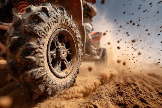 An all-terrain vehicle navigates through sandy terrain, sending clouds of dust into the air under a clear blue sky