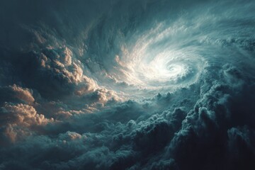 Fototapeta premium Dark swirling clouds dominate the sky, with hints of light breaking through, creating a dramatic atmosphere during twilight