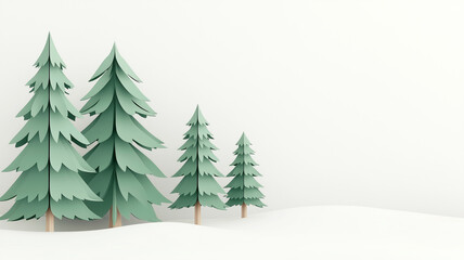 Obraz premium Paper cut fir trees in snowy winter forest, light handcrafted Christmas background with copy space