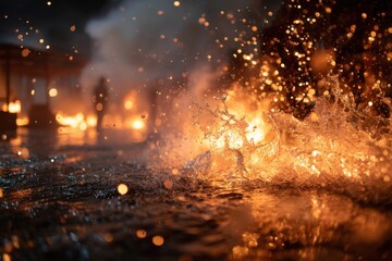 Bright flames rise as water splashes dramatically, creating a vibrant and dynamic atmosphere during an evening celebration