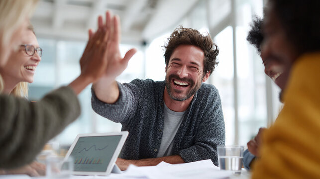 Diverse team celebrating success with a high five. A positive, energetic office scene conveying teamwork, achievement, and collaboration. Perfect for business  corporate communications.