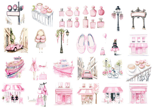 Watercolor illustrations of pink fashion and Parisian elements  