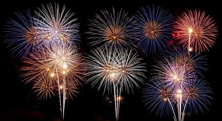 Spectacular array of colorful fireworks exploding brilliantly against a dark night sky, perfect for celebrating holidays, New Year's Eve, and festive events with dazzling light displays