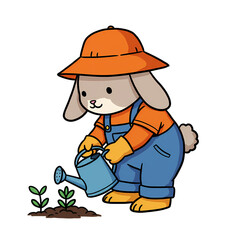 Cute Bunny Gardener Watering Plants Illustration on transparent background