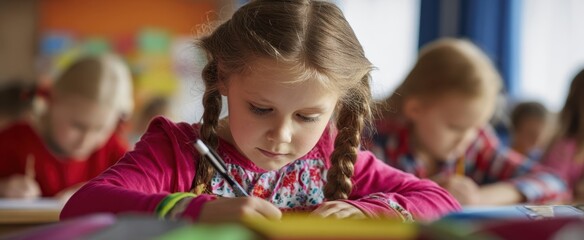 The young girl focused on writing in a vibrant classroom setting.