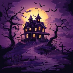 A spooky haunted house illustration set against the backdrop of a purple sky and full moon, surrounded by bats. The design includes a path leading to an old mansion with glowing windows. 