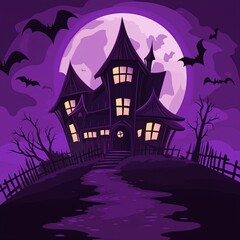 A spooky haunted house illustration set against the backdrop of a purple sky and full moon, surrounded by bats. The design includes a path leading to an old mansion with glowing windows. 
