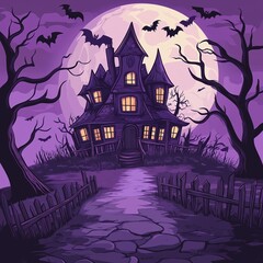 A spooky haunted house illustration set against the backdrop of a purple sky and full moon, surrounded by bats. The design includes a path leading to an old mansion with glowing windows. 