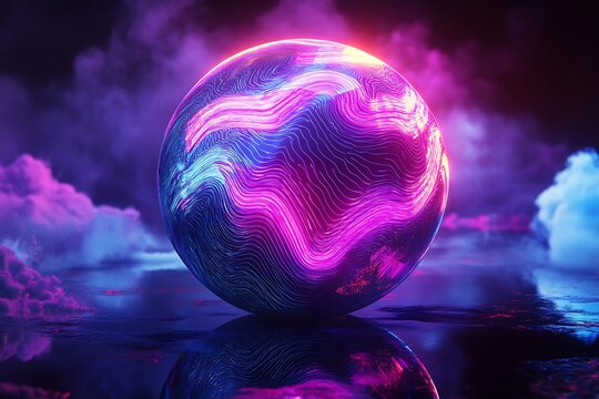 Surreal abstract sphere covered with vibrant pulsating lights in futuristic setting